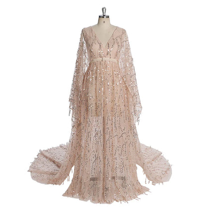 Sparkle See Through Long Sleeves Bohemian Dress for Photo Shoot Maternity Gown for Baby Showers Plus Size Sunnderly SY231034