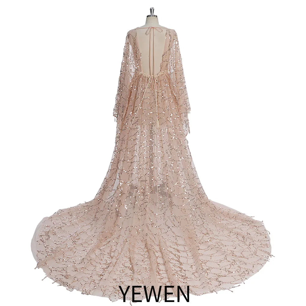 Sparkle See Through Long Sleeves Bohemian Dress for Photo Shoot Maternity Gown for Baby Showers Plus Size Sunnderly SY231034
