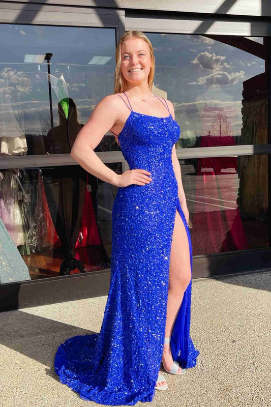 Funkelndes, langes Ballkleid mit Pailletten in Tiffany-Blau und Schlitz SYP99