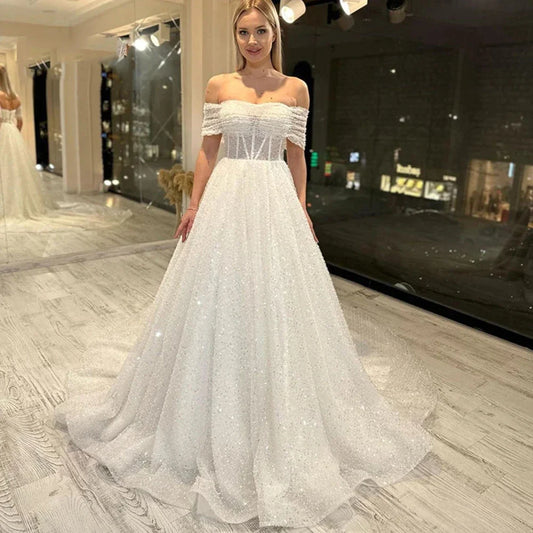Sparkling Lace Off Shoulder Sweetheart Mopping New Wedding Dresses Bridal Gowns Backless Beautiful Appliques Sweep Train Beach-payinti