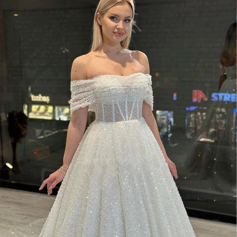Sparkling Lace Off Shoulder Sweetheart Mopping New Wedding Dresses Bridal Gowns Backless Beautiful Appliques Sweep Train Beach-payinti