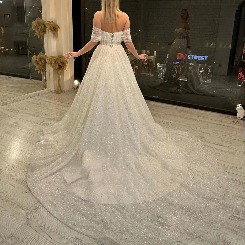 Sparkling Lace Off Shoulder Sweetheart Mopping New Wedding Dresses Bridal Gowns Backless Beautiful Appliques Sweep Train Beach-payinti