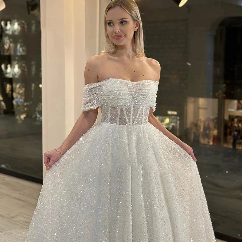 Sparkling Lace Off Shoulder Sweetheart Mopping New Wedding Dresses Bridal Gowns Backless Beautiful Appliques Sweep Train Beach-payinti