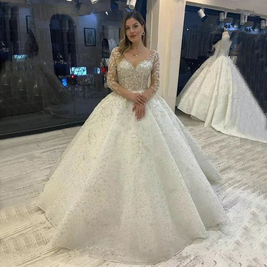 Sparkly Beading Wedding Dress Long Sleeves 2023 Vestido De Noiva Lace Up Pageant Beading Bridal Gowns Custom Made Hochzeitskleid-payinti