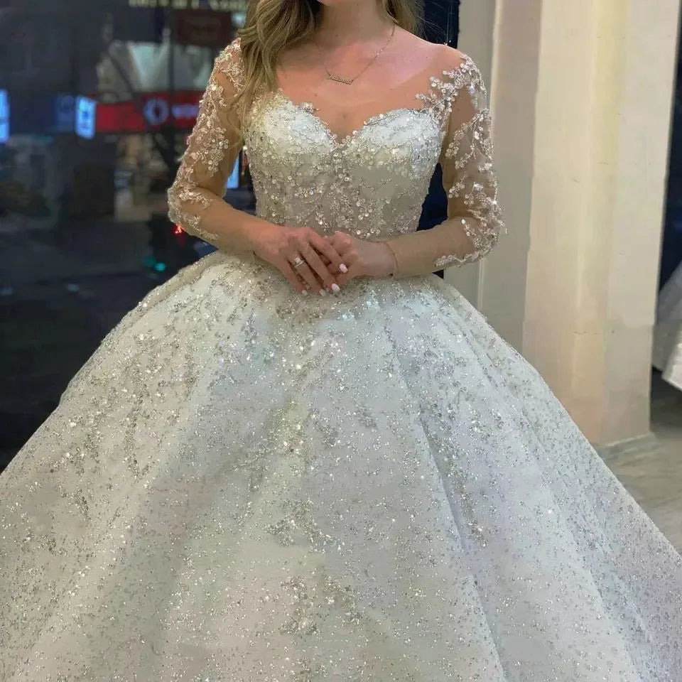 Sparkly Beading Wedding Dress Long Sleeves 2023 Vestido De Noiva Lace Up Pageant Beading Bridal Gowns Custom Made Hochzeitskleid-payinti