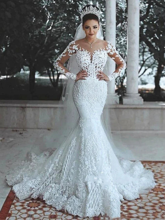 Sparkly Lace Wedding Dress Mermaid Illusion Bodice vestido de noiva Long Sleeve Sheer Neck Appliques Bridal Gowns 2022 Spring-payinti