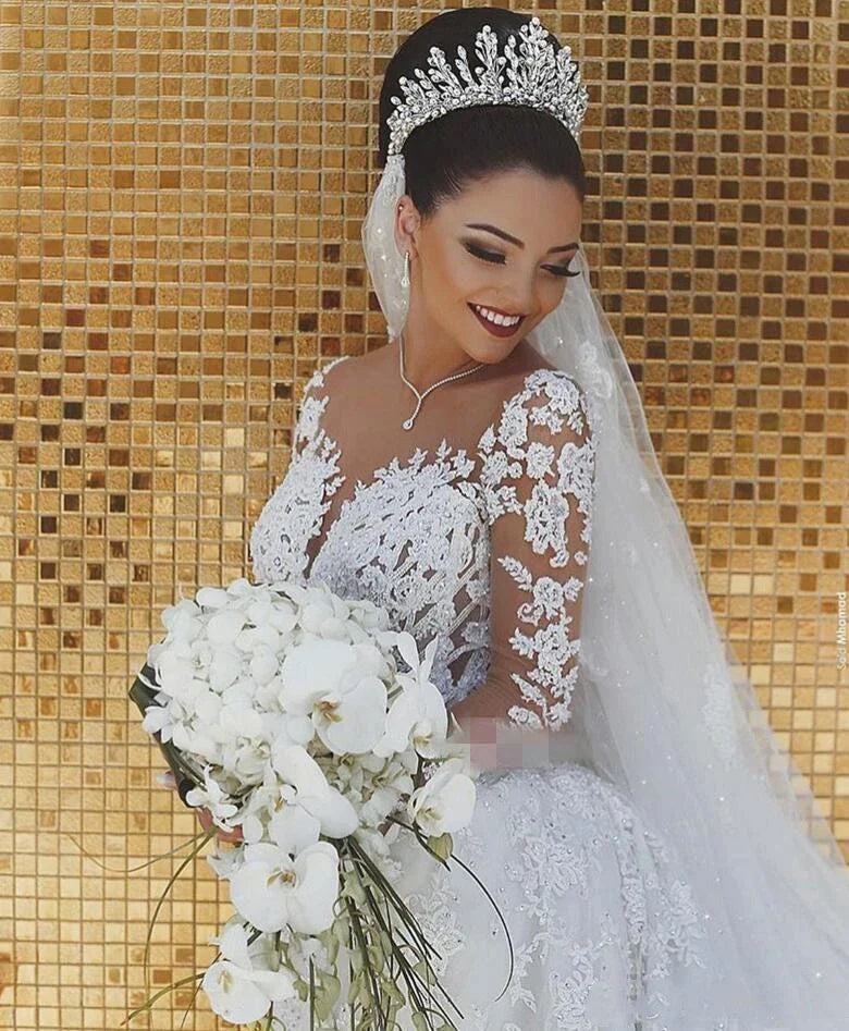 Sparkly Lace Wedding Dress Mermaid Illusion Bodice vestido de noiva Long Sleeve Sheer Neck Appliques Bridal Gowns 2022 Spring-payinti