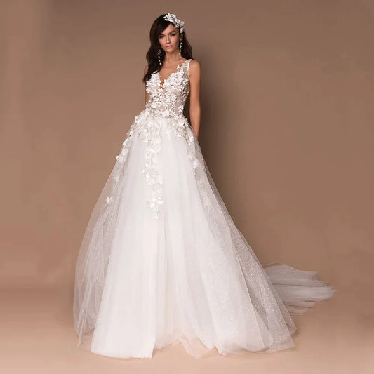 Sparkly V-Neck Wedding Dresses 2023 Boho 3D Appliques Tulle Bridal Gowns Vestidos De Novia Bohemian Princess Brides Dresses-payinti