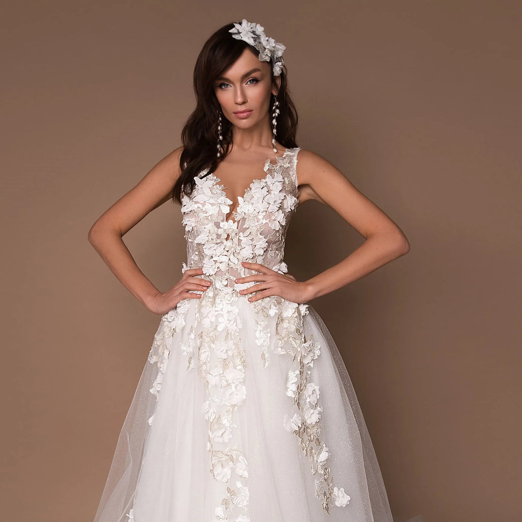 Sparkly V-Neck Wedding Dresses 2023 Boho 3D Appliques Tulle Bridal Gowns Vestidos De Novia Bohemian Princess Brides Dresses-payinti