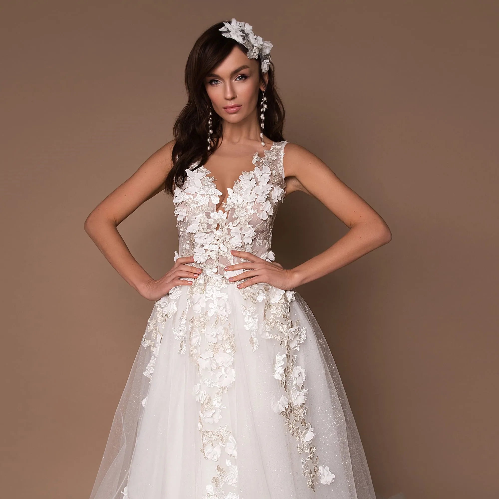 Sparkly V-Neck Wedding Dresses 2023 Boho 3D Appliques Tulle Bridal Gowns Vestidos De Novia Bohemian Princess Brides Dresses-payinti