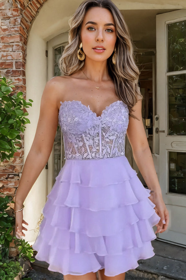 Vestido de fiesta lila brillante, sin tirantes, con apliques y capas, PD553