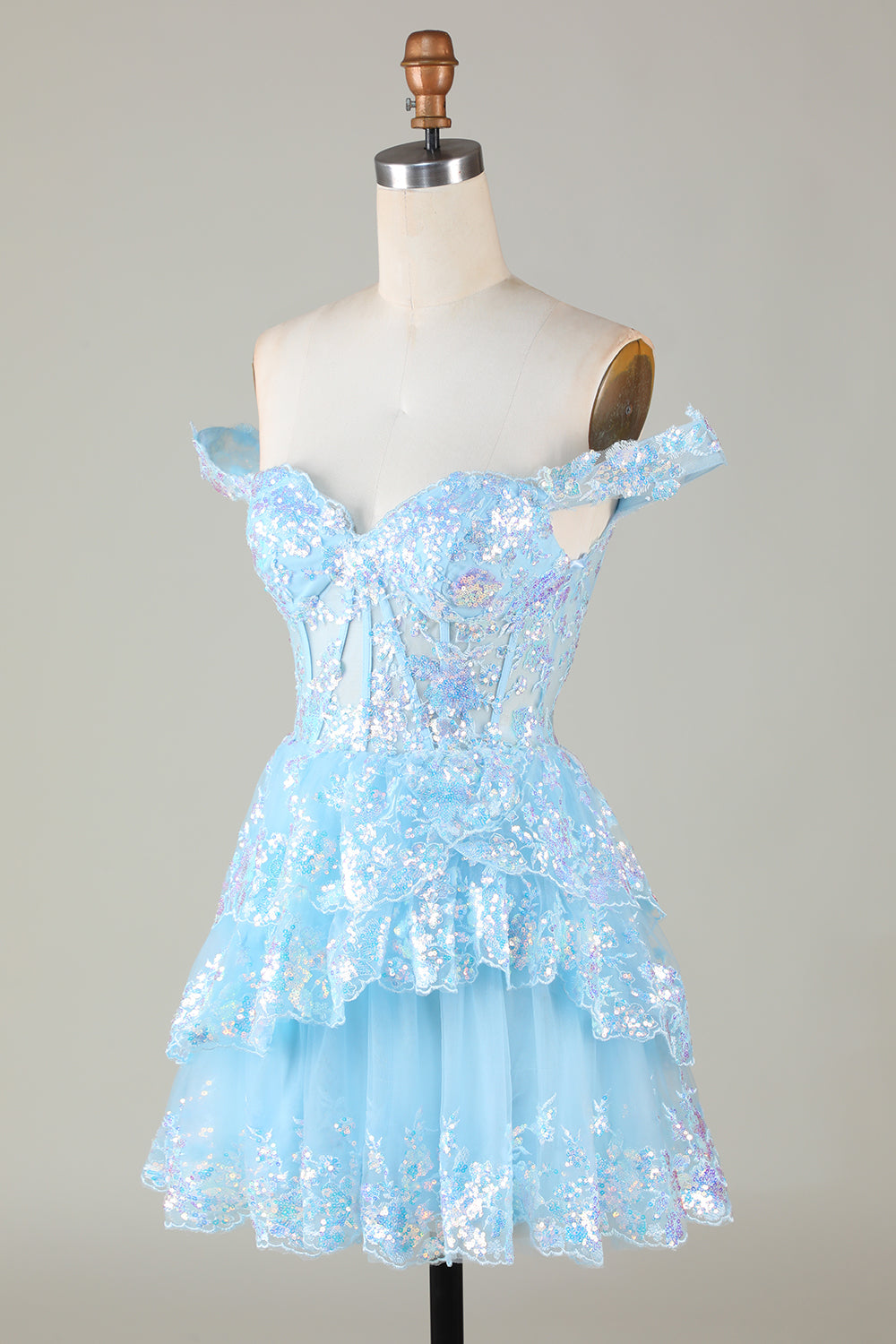Vestido de fiesta corto azul oscuro brillante con hombros descubiertos, corsé, capas y lentejuelas
