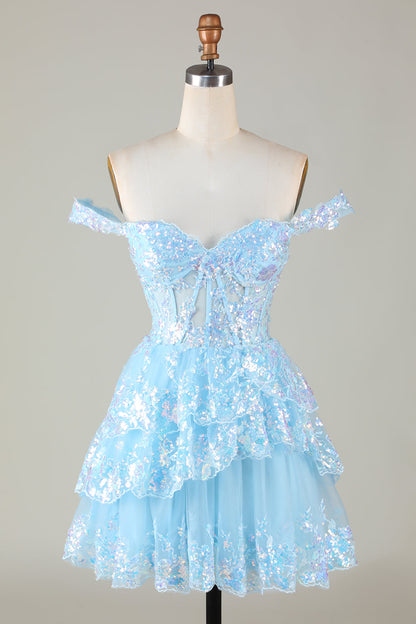 Vestido de fiesta corto azul oscuro brillante con hombros descubiertos, corsé, capas y lentejuelas