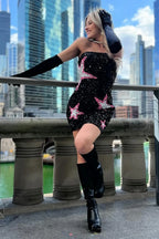 Vestido de fiesta corto ajustado con lentejuelas, sin tirantes y negro brillante