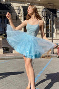 Sparkly Blue A-line Spaghetti Straps Homecoming Dress, Short Prom Dresses