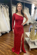 Sparkly Blue Sequind Long Sleeve Prom Dress SYP101