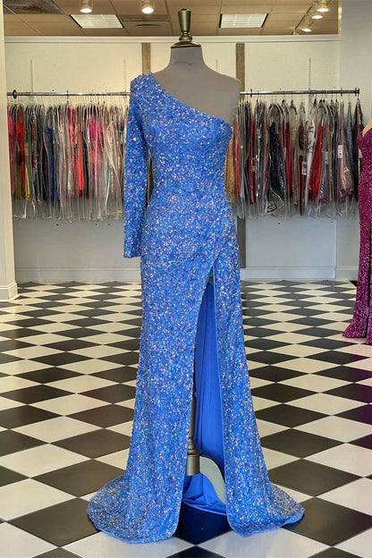 Funkelndes, blaues, langärmliges Ballkleid mit Pailletten SYP101
