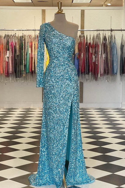 Funkelndes, blaues, langärmliges Ballkleid mit Pailletten SYP101