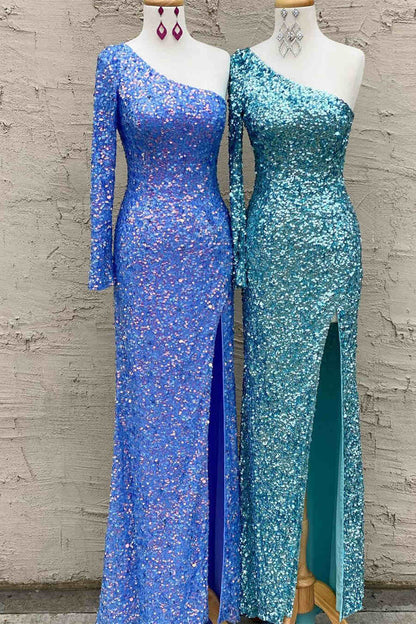 Funkelndes, blaues, langärmliges Ballkleid mit Pailletten SYP101