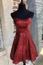 Glitzerndes Burgunderrotes Homecoming-Kleid, rückenfreies A-Linien-Mini-Partykleid, PD383