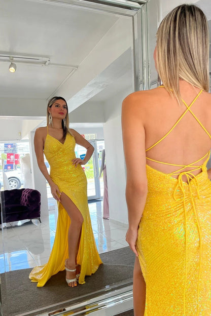 Robe de bal longue à paillettes jaunes et à lacets avec fente et sirène PSK464