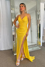 Vestido de fiesta largo de sirena con encaje brillante y lentejuelas amarillas con abertura PSK464