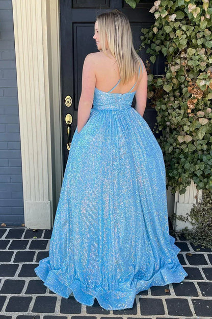 Funkelndes, hellblaues Ballkleid in Übergröße mit einer Schulter und Pailletten in A-Linie, PSK465