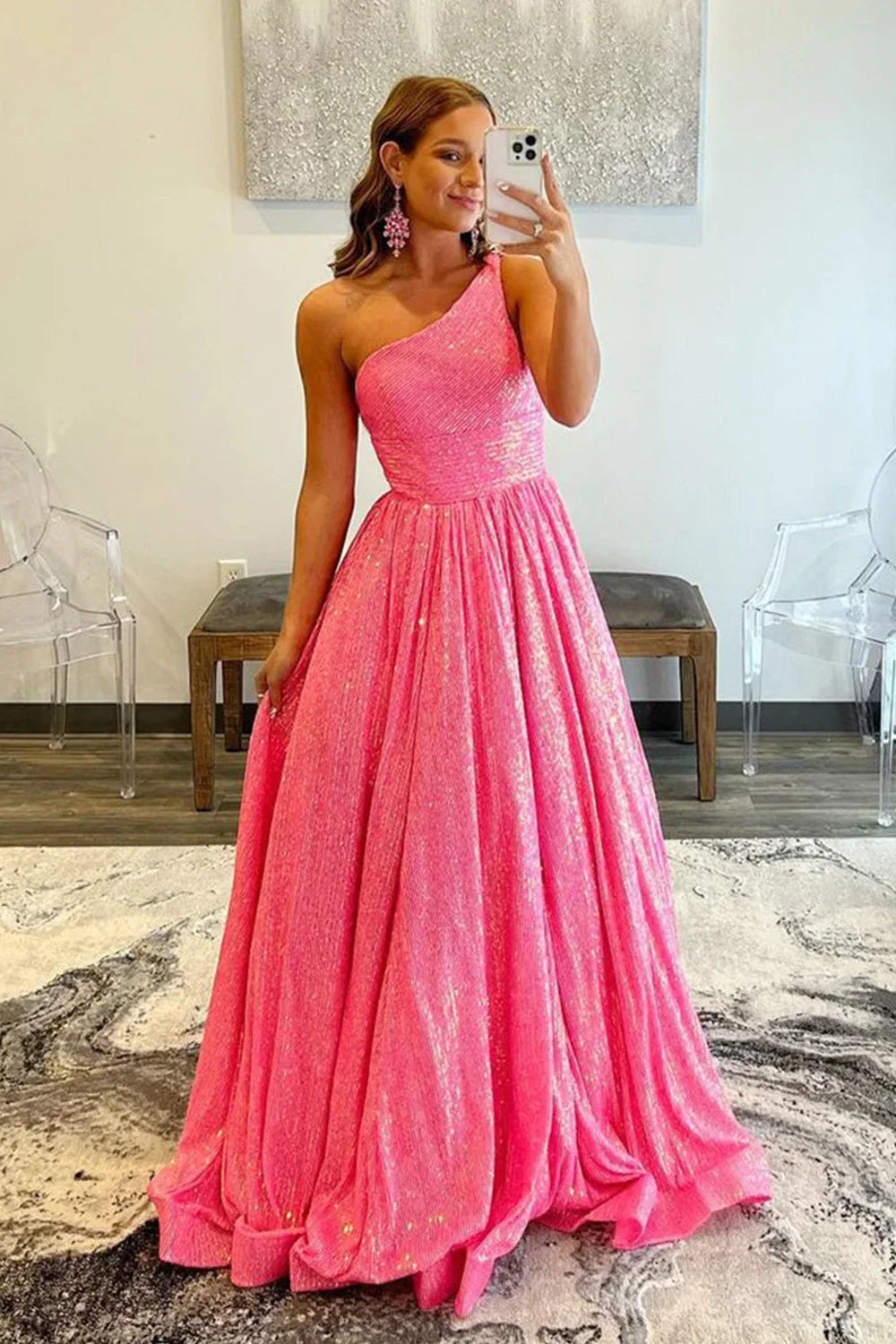 Funkelndes, hellblaues Ballkleid in Übergröße mit einer Schulter und Pailletten in A-Linie, PSK465
