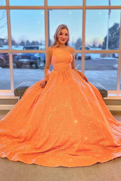 Funkelndes, hellblaues Ballkleid in Übergröße mit einer Schulter und Pailletten in A-Linie, PSK465