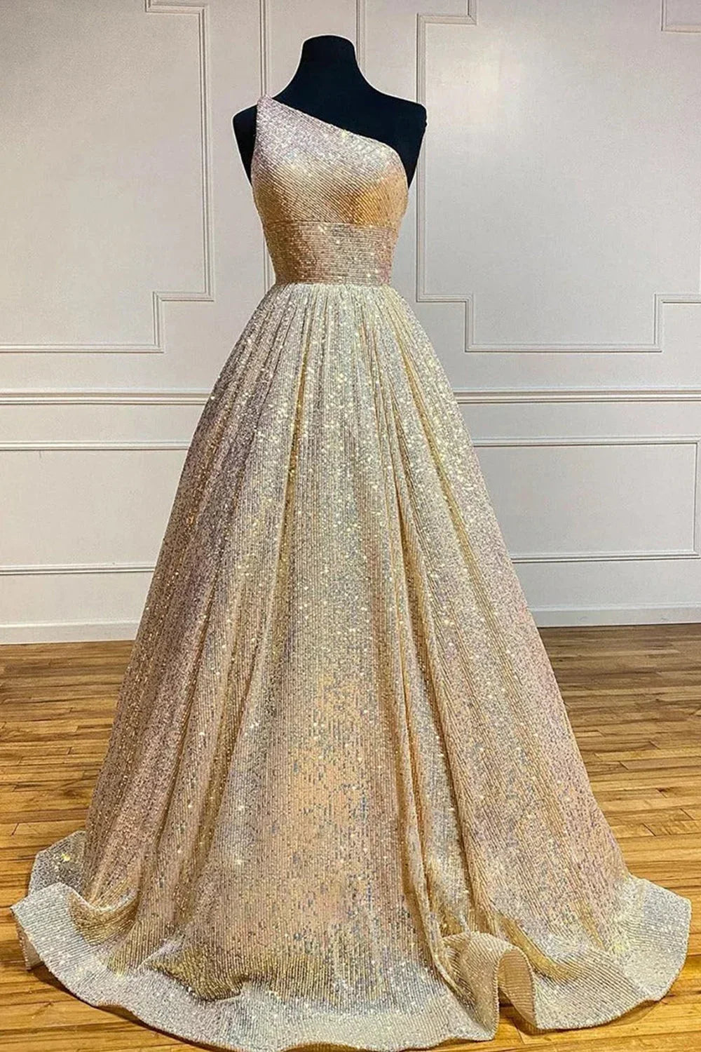 Vestido de fiesta azul claro brillante de talla grande con un solo hombro y lentejuelas, corte A PSK465