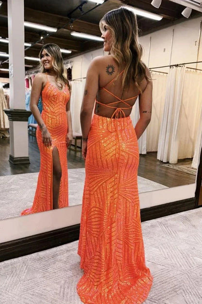 Sparkly Sequin Orange Long Glitter Prom  Dress With Split PSK443