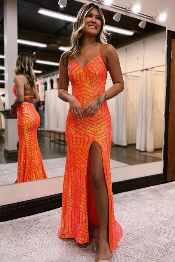 Glitzerndes, langes, orangefarbenes Ballkleid mit Pailletten und Schlitz, PSK443