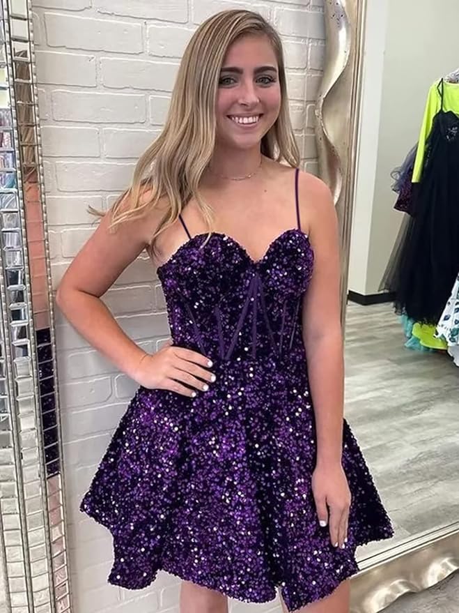 Vestido de fiesta corto con tirantes finos y lentejuelas SYH94 
