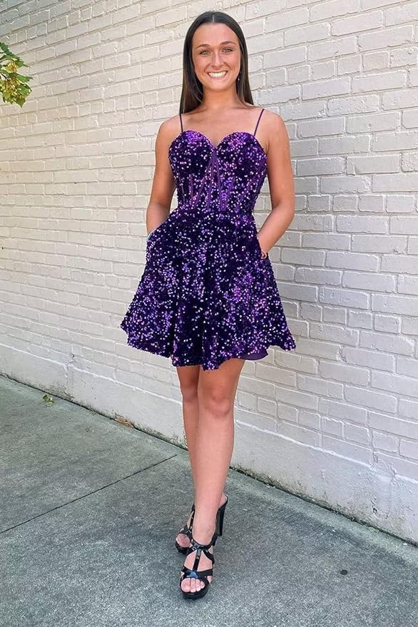 A line spaghetti strap prom dress short prom dresses sequin SYH94