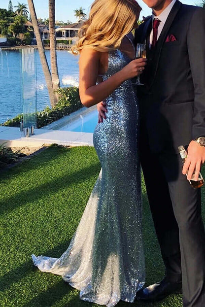 Sparkly Silver Sequins Mermaid Backless Long Prom Dresses, Evening Gown