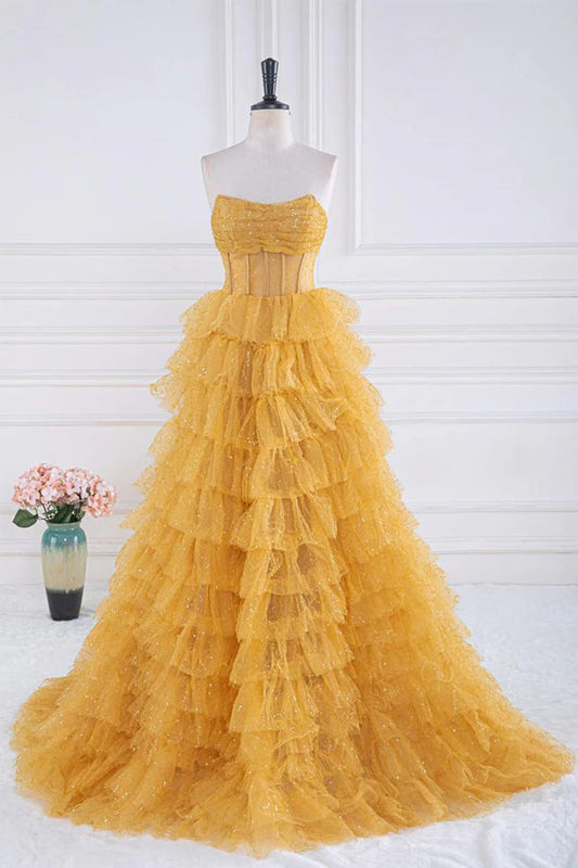 Glitzerndes, gestuftes Rüschen-Ballkleid in Gold, trägerloses Abendkleid PSK569