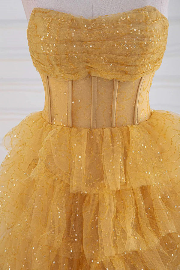 Glitzerndes, gestuftes Rüschen-Ballkleid in Gold, trägerloses Abendkleid PSK569