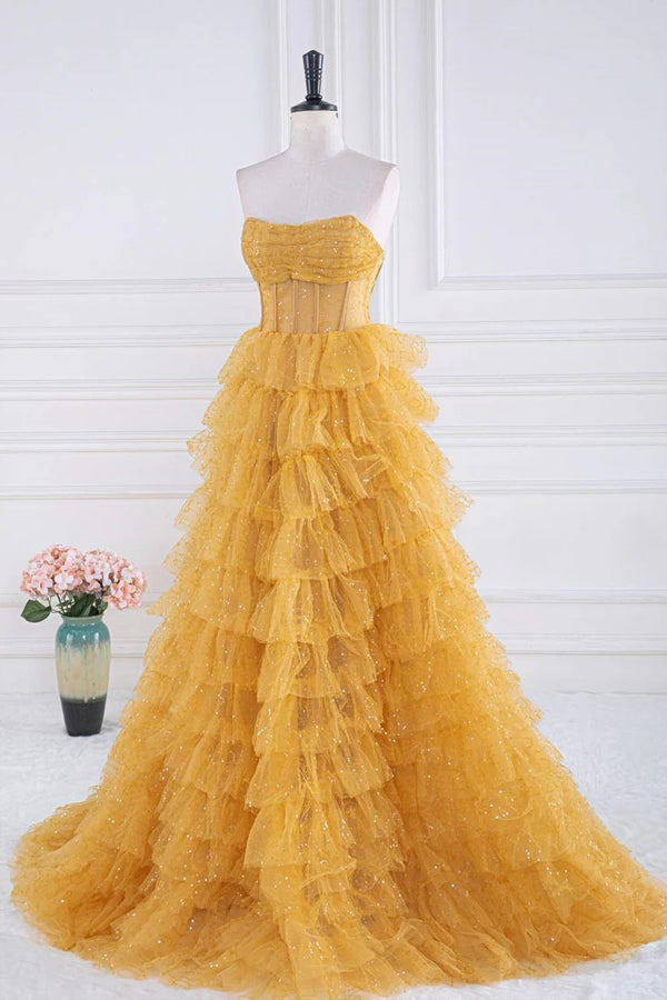 Glitzerndes, gestuftes Rüschen-Ballkleid in Gold, trägerloses Abendkleid PSK569