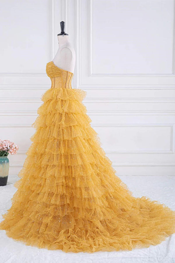 Glitzerndes, gestuftes Rüschen-Ballkleid in Gold, trägerloses Abendkleid PSK569