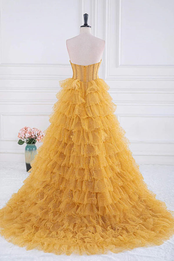 Sparkly Tiered Ruffles Gold Prom Dress Strapless Evening Dress