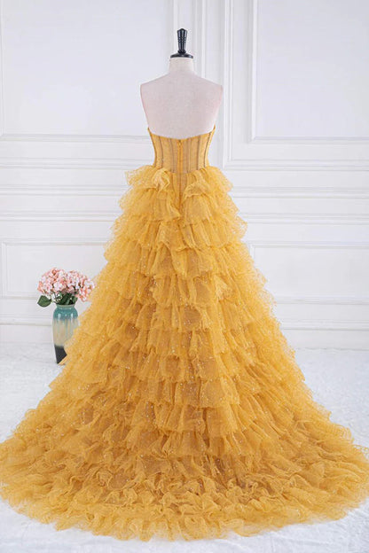 Sparkly Tiered Ruffles Gold Prom Dress Strapless Evening Dress