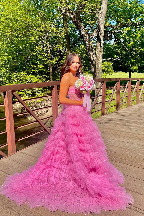 Glitzerndes, gestuftes Rüschen-Ballkleid in Gold, trägerloses Abendkleid PSK569