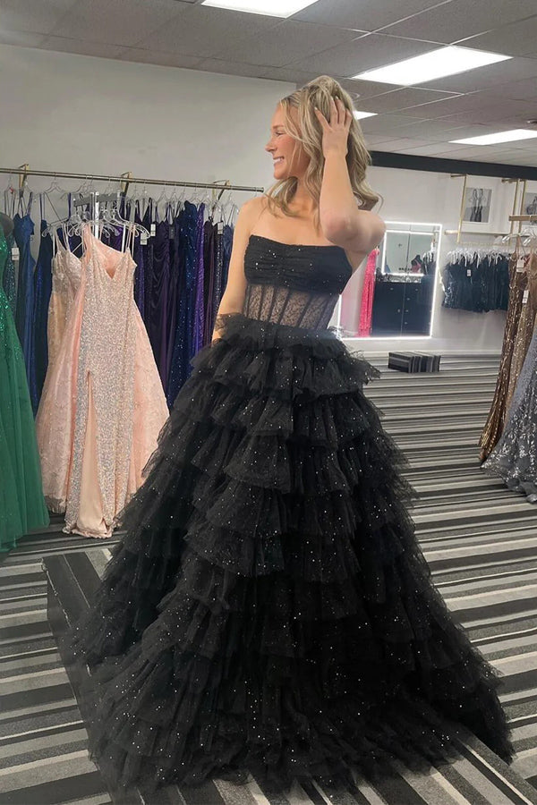 Glitzerndes, gestuftes Rüschen-Ballkleid in Gold, trägerloses Abendkleid PSK569