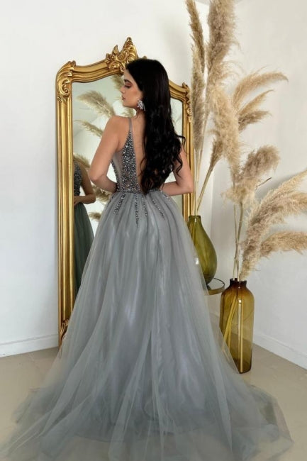 A-Linien-Ballkleid mit Schlitz vorne, V-Ausschnitt, Spaghettiträgern, bodenlangem, ärmellosem Tüll und Perlenbesatz