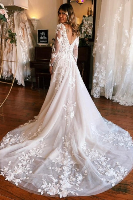 A-Linien-Brautkleid mit quadratischem Ausschnitt und langen Ärmeln