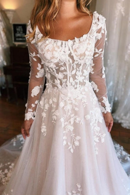 A-Linien-Brautkleid mit quadratischem Ausschnitt und langen Ärmeln