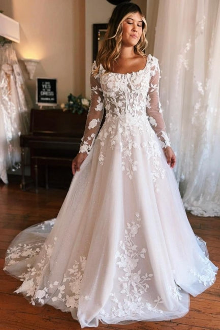A-Linien-Brautkleid mit quadratischem Ausschnitt und langen Ärmeln