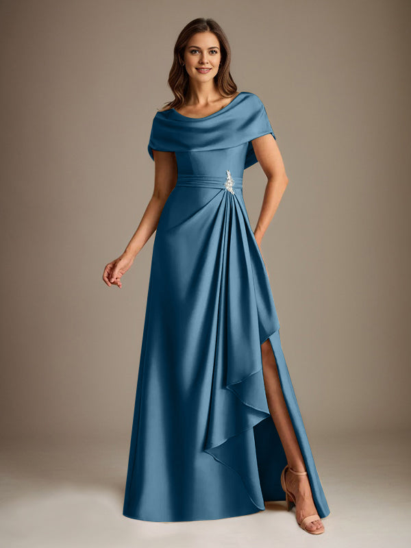 Vestido de madre de la novia de satén elástico, corte A, largo hasta el suelo, con escote redondo y volantes en cascada