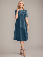 Vestido de madre de la novia con corte en A, escote redondo y largo hasta la rodilla, con apliques y lentejuelas