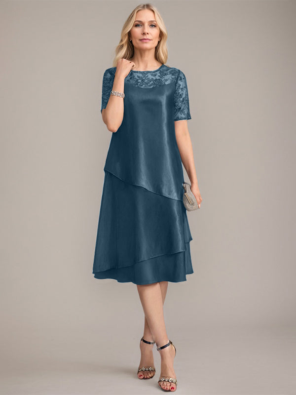 Vestido de madre de la novia con corte en A, escote redondo y largo hasta la rodilla, con apliques y lentejuelas